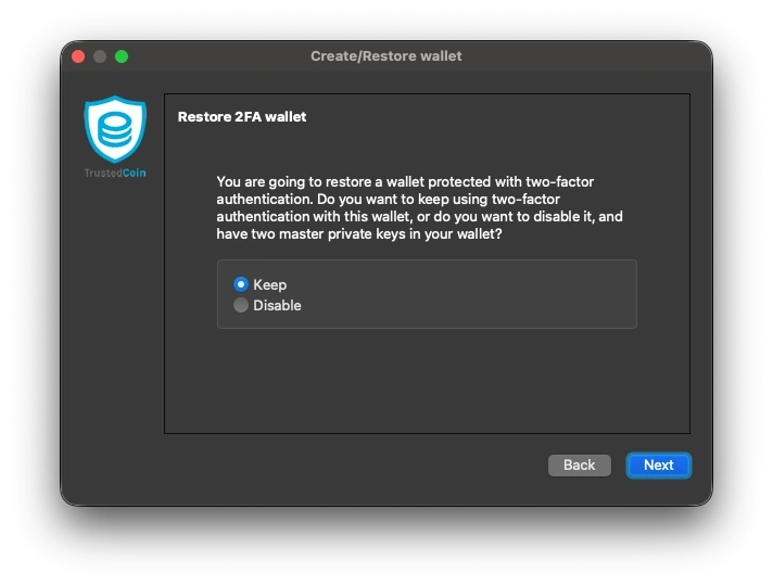 Electrum 2FA restore screen asking whether to keep or disable two-factor authentication
