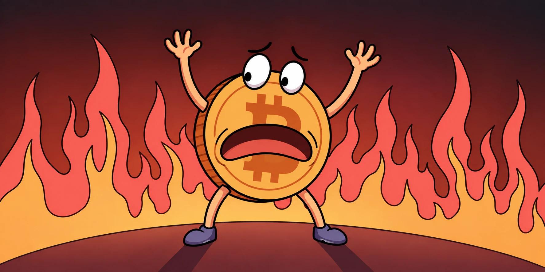 Frightened gold Bitcoin coin mascot raises its hands in panic, surrounded by red and orange flames.
