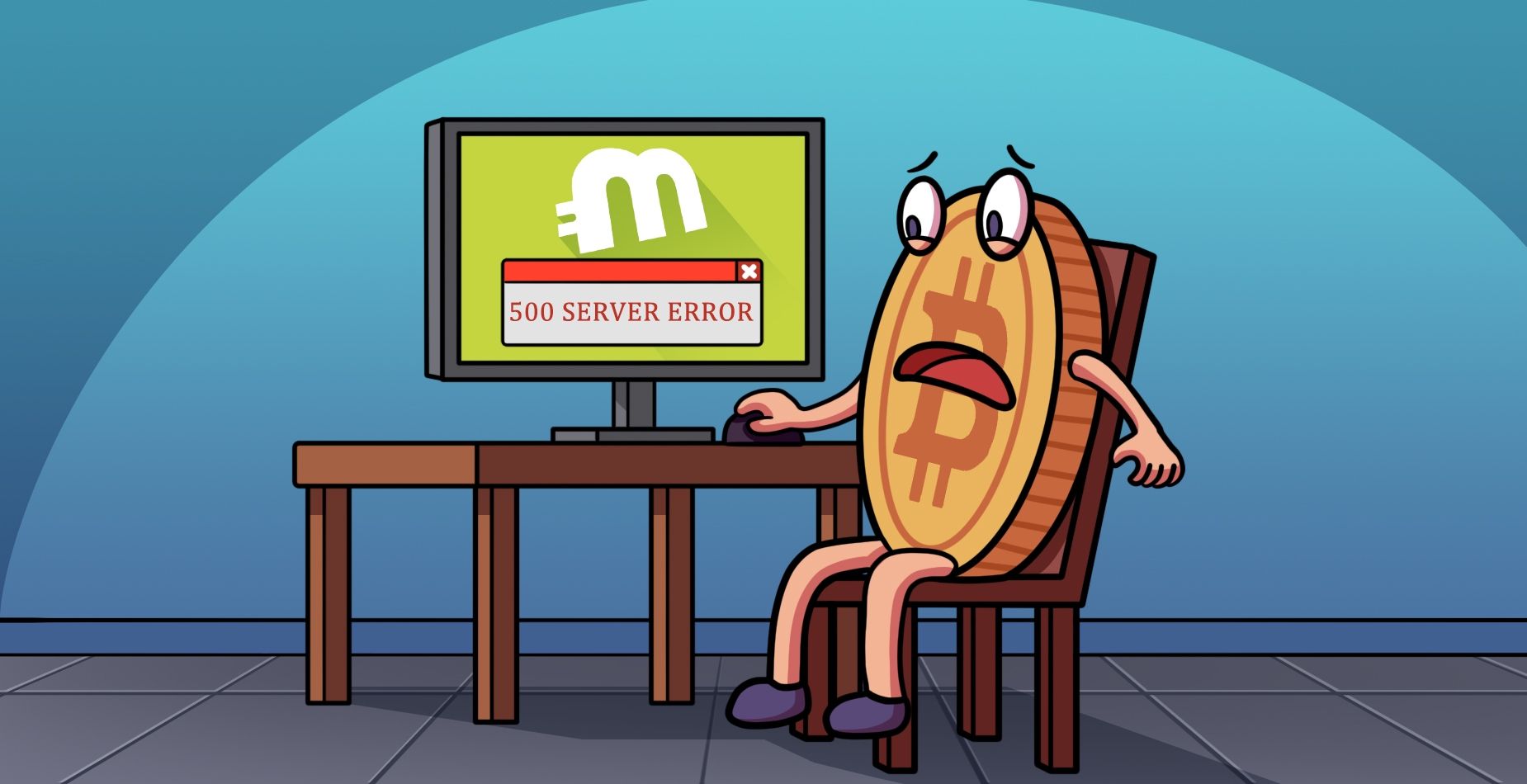 Bestürztes Bitcoin-Maskottchen am Computer mit MultiBit-Logo und 500-Server-Error.