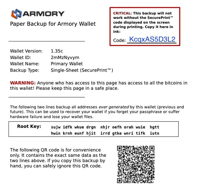 Armory paper backup with labeled wallet ID, root key lines, SecurePrint note and QR code