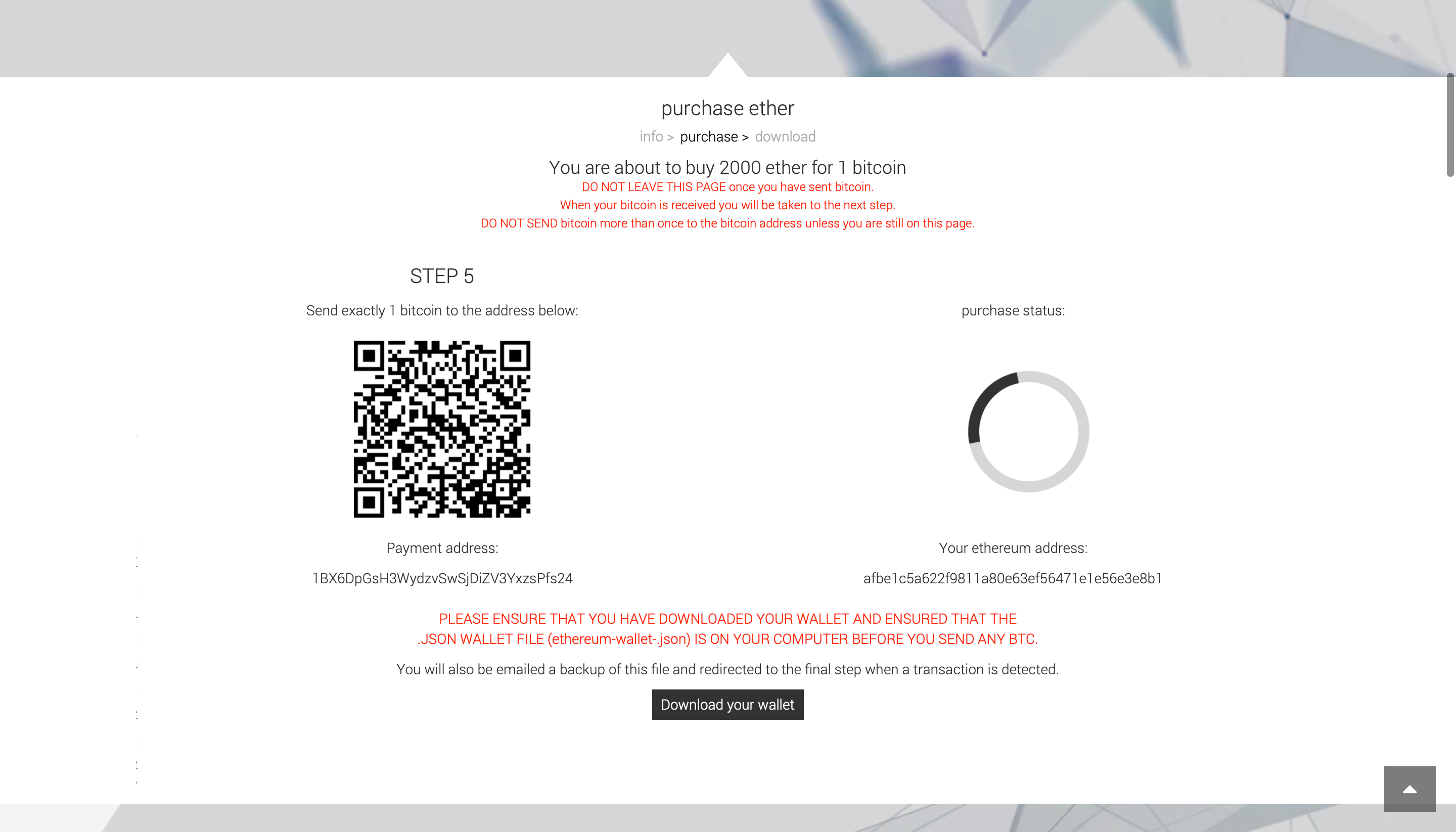 Ethereum Presale Kaufseite mit QR-Code, Bitcoin-Zahlungsadresse und Wallet-Download-Button.