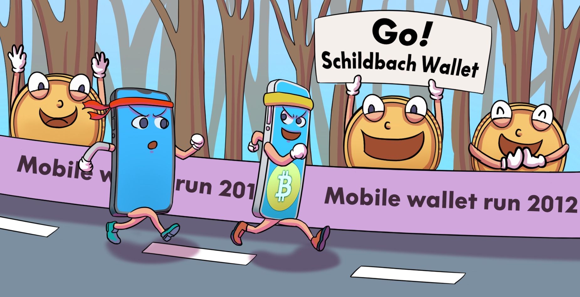 Mascottes smartphone en course au Mobile Wallet Run 2012 pendant que des pièces encouragent Schildbach Wallet.