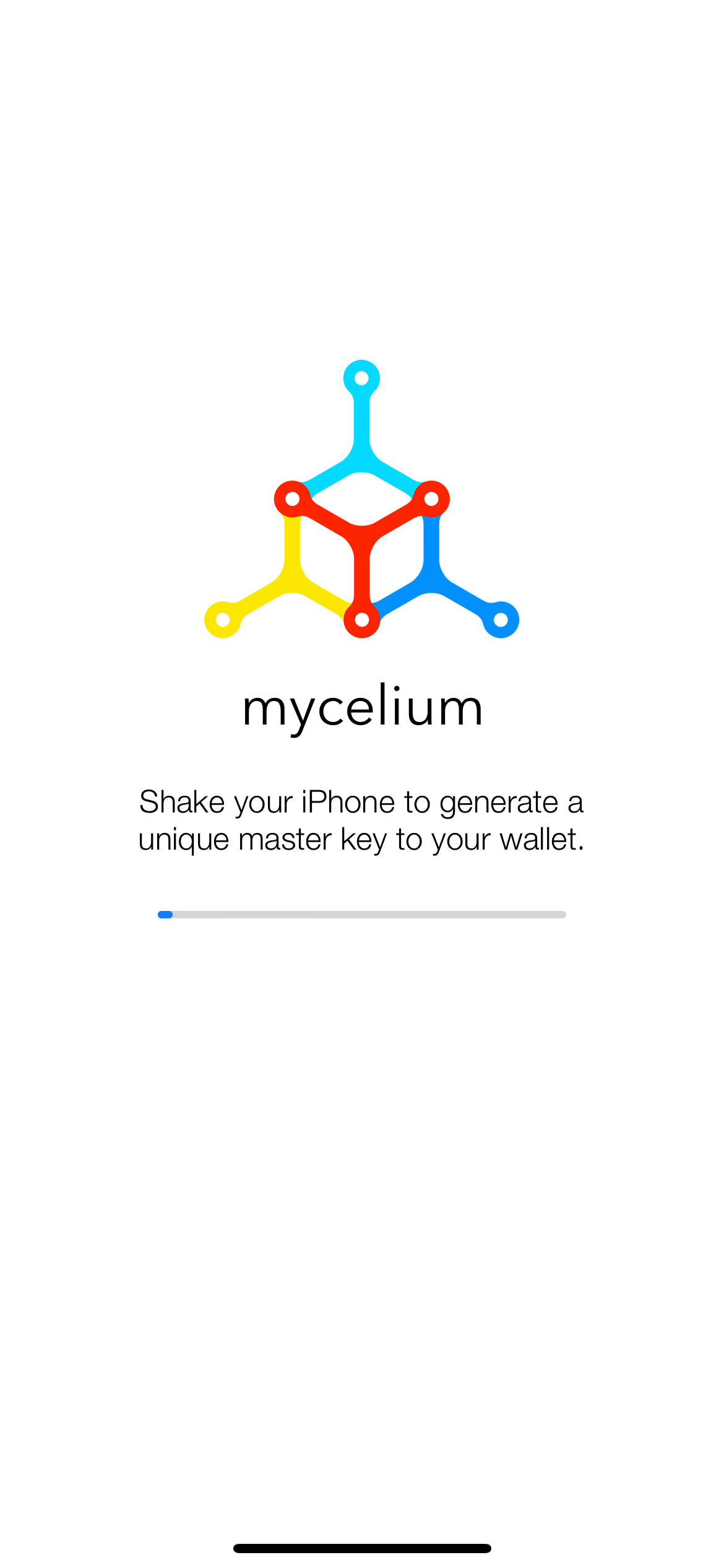 Écran Mycelium Wallet demandant de déplacer l’appareil pour générer la clé maître.