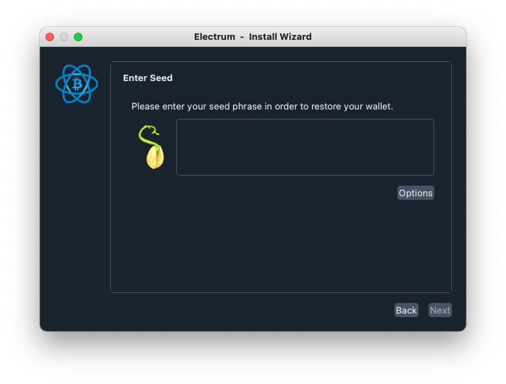 Electrum install wizard screen for entering a seed phrase to restore a wallet.