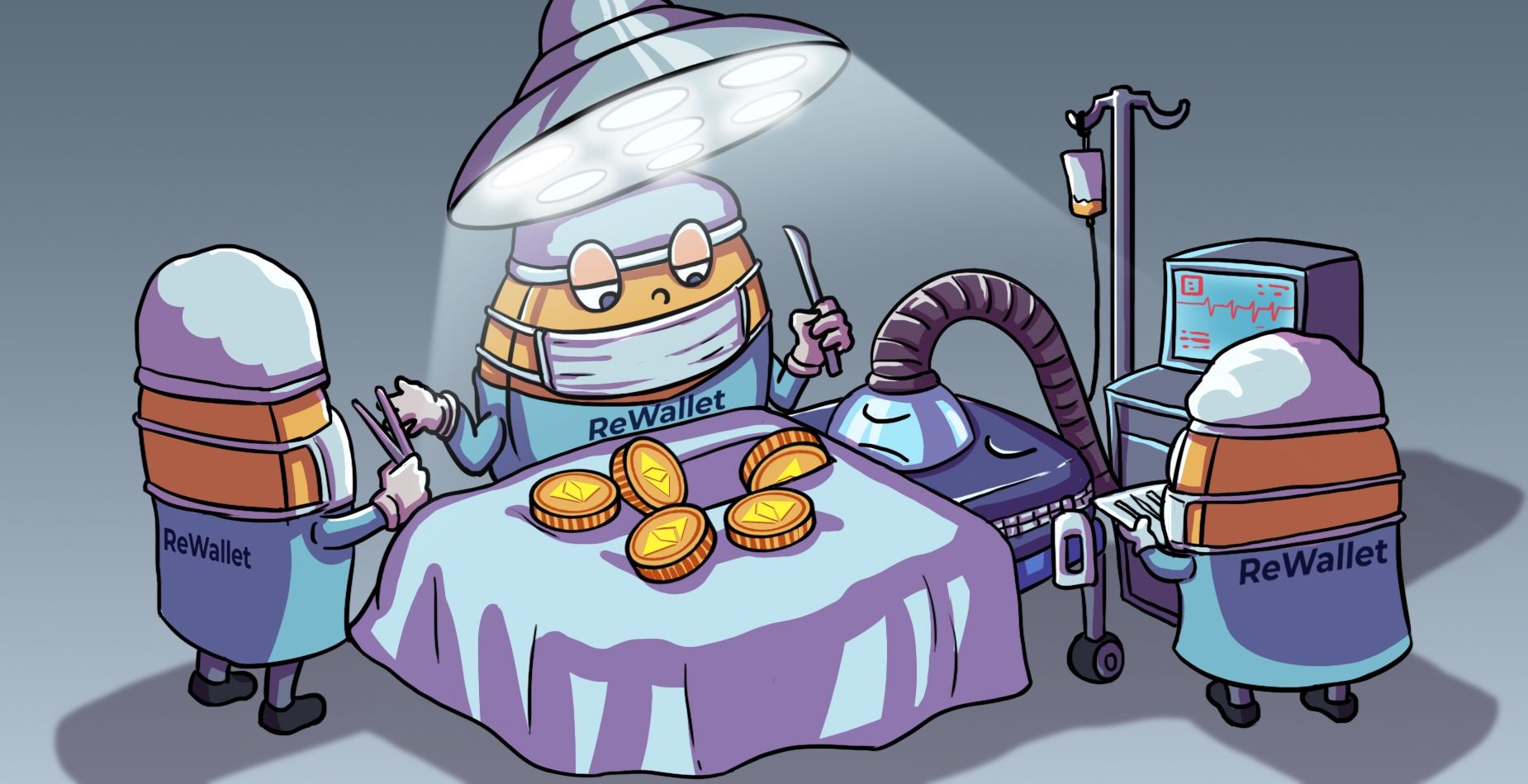 ReWallet-Coin-Chirurgen operieren ein Coinbase-Wallet und entnehmen Ethereum-Coins.