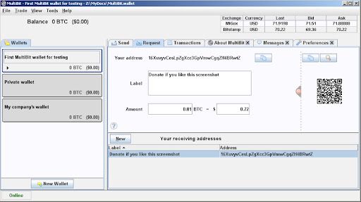 Interface MultiBit Classic avec onglet de réception, adresse Bitcoin et QR code.