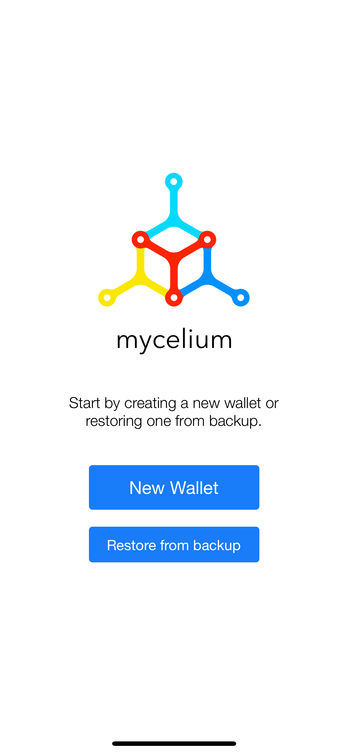 Écran d’accueil Mycelium Wallet avec options pour créer un nouveau wallet ou restaurer une sauvegarde.