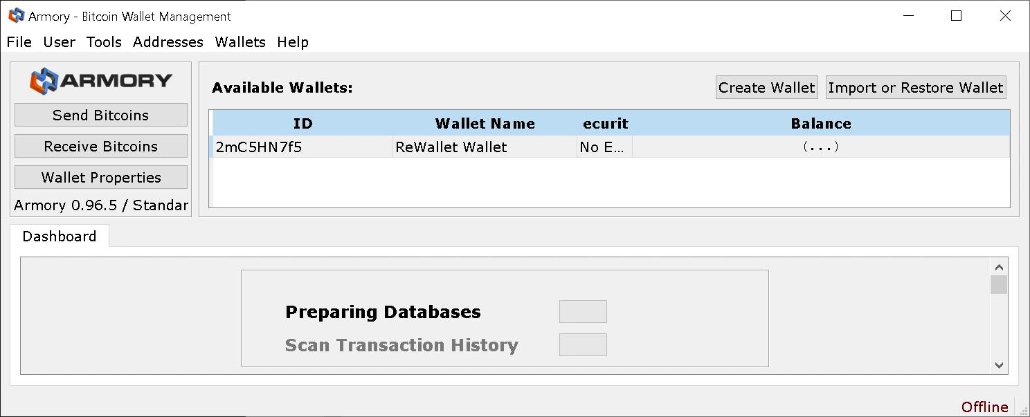 Armory main window in offline mode showing a restored wallet with zero balance