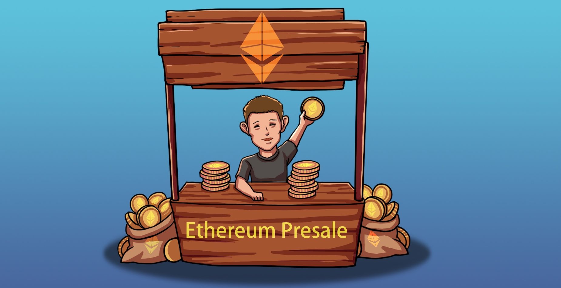 Person at a wooden Ethereum Presale booth holding an Ether coin.