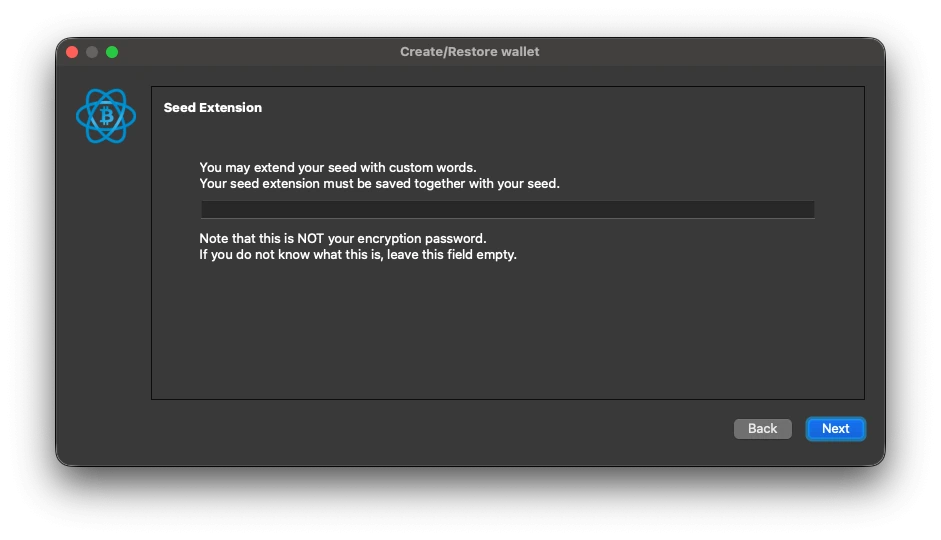 Electrum custom word entry screen