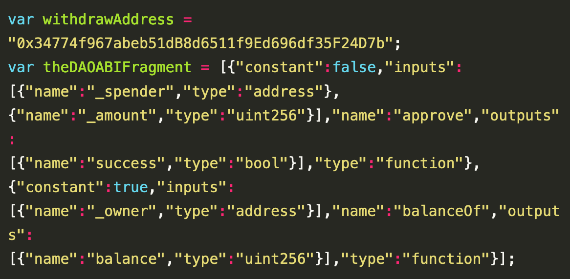 Codeausschnitt mit Ethereum withdrawalAddress und The DAO ABI fragment.