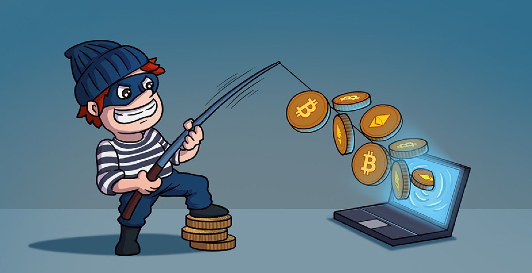 Maskierter Dieb angelt Bitcoin- und Ethereum-Coins aus einem Laptop.