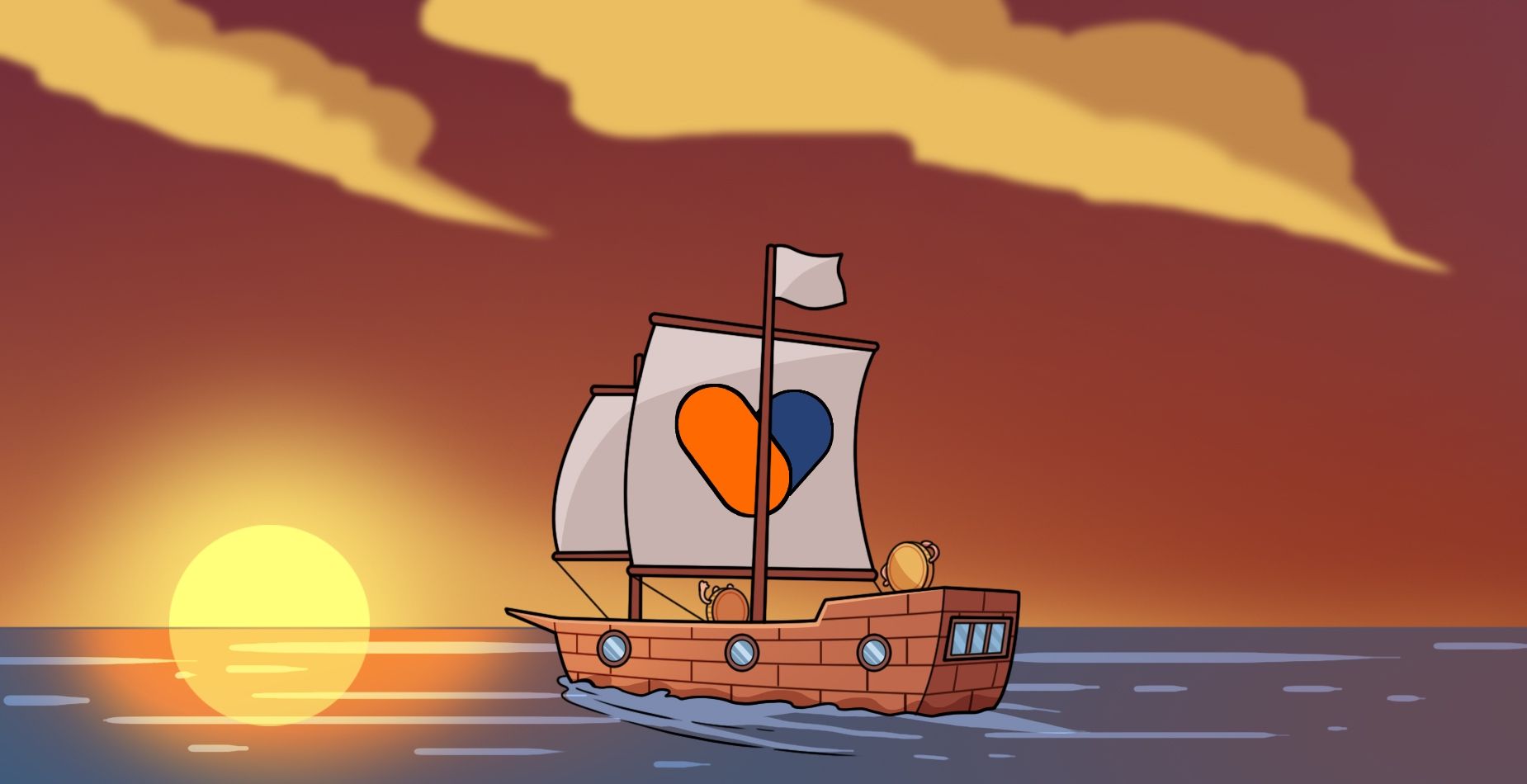 Navire avec le logo cœur Jaxx Liberty naviguant vers le coucher du soleil.