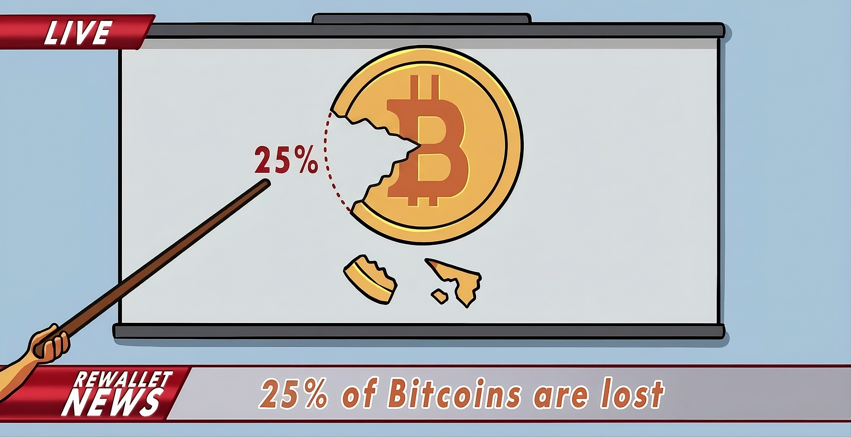ReWallet News broadcast with a pointer at a Bitcoin coin missing 25 percent, "25% of Bitcoins are lost".
