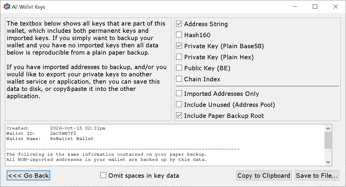 Armory Export Key Lists dialog with Private Key (Plain Base58) selected
