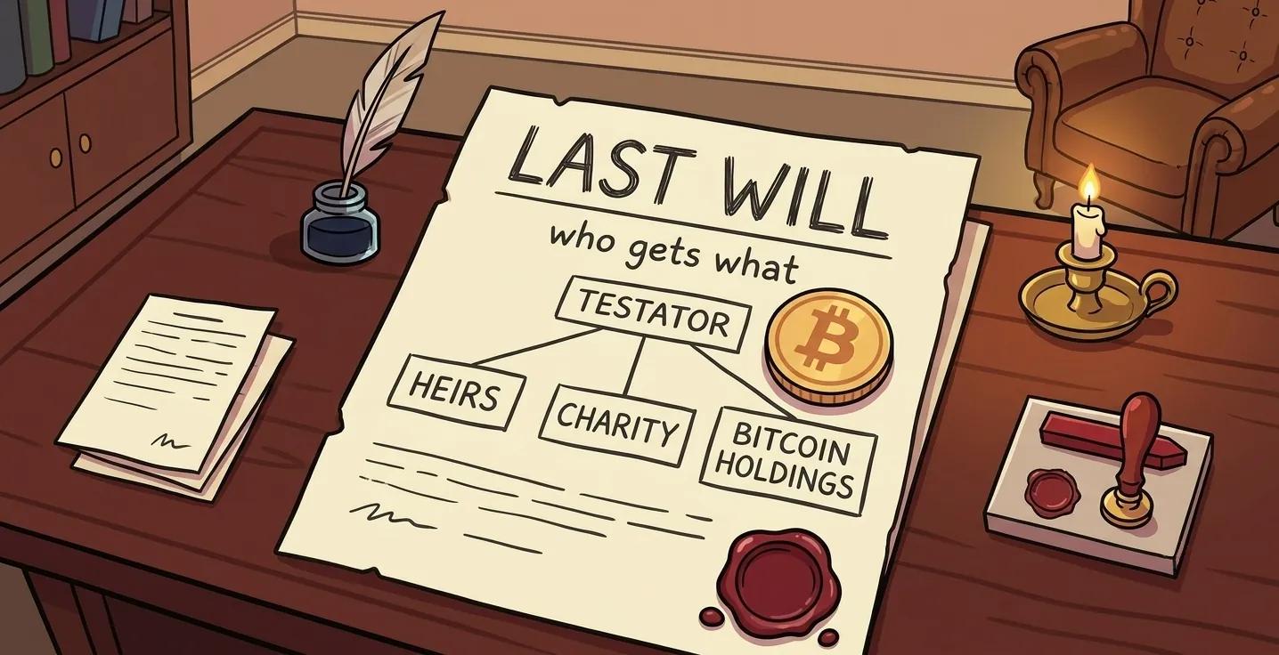 Last Will document on a desk showing heirs, charity and Bitcoin holdings, with a Bitcoin coin.