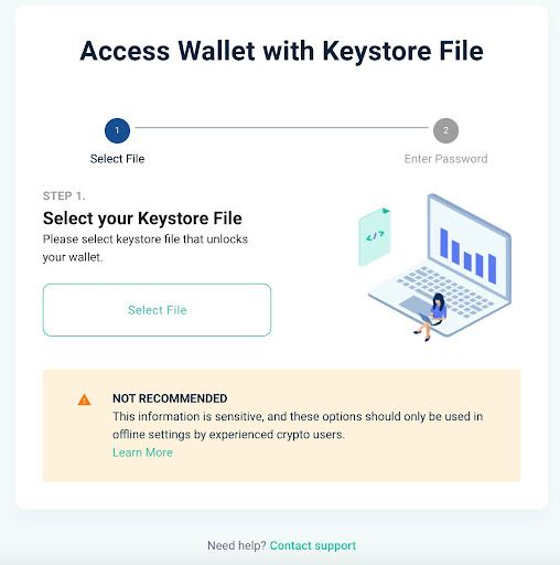 Écran d’accès au wallet pour sélectionner un fichier keystore.