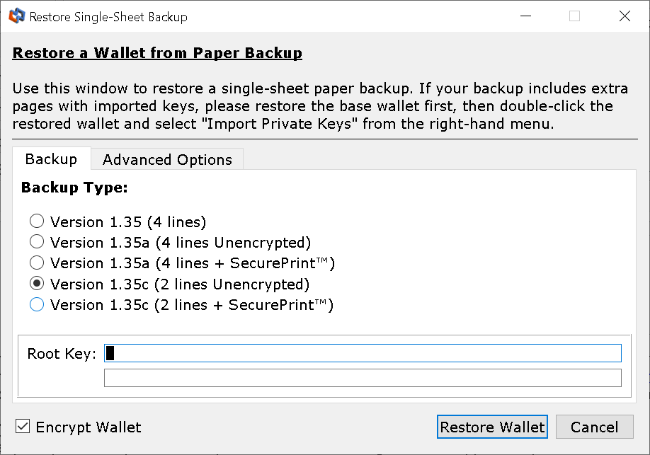 Armory single-sheet backup restore window with backup type selection and root key entry fields