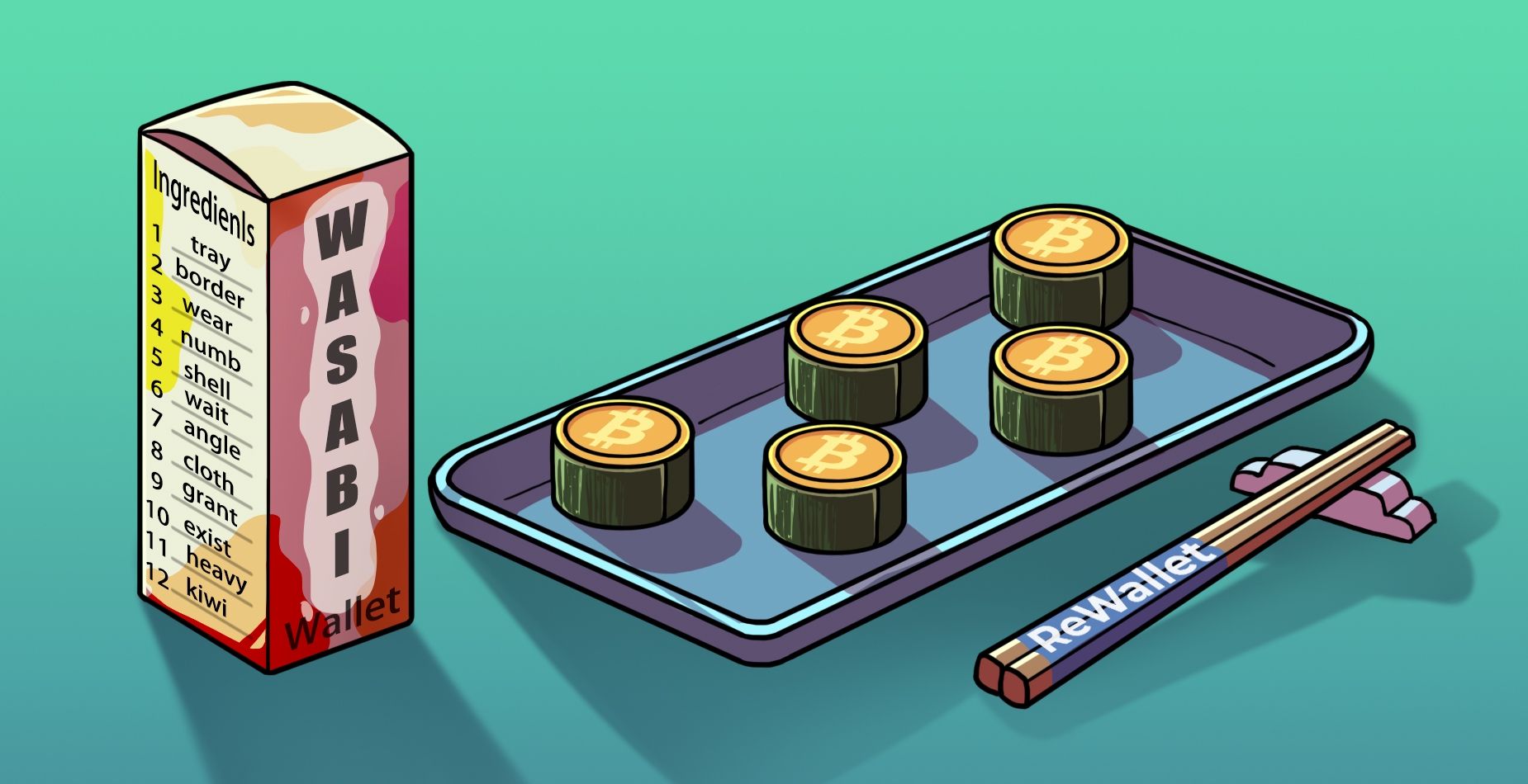 Wasabi-Wallet-Box mit Seed-Wort-Liste neben Bitcoin-Sushi und ReWallet-Essstäbchen.