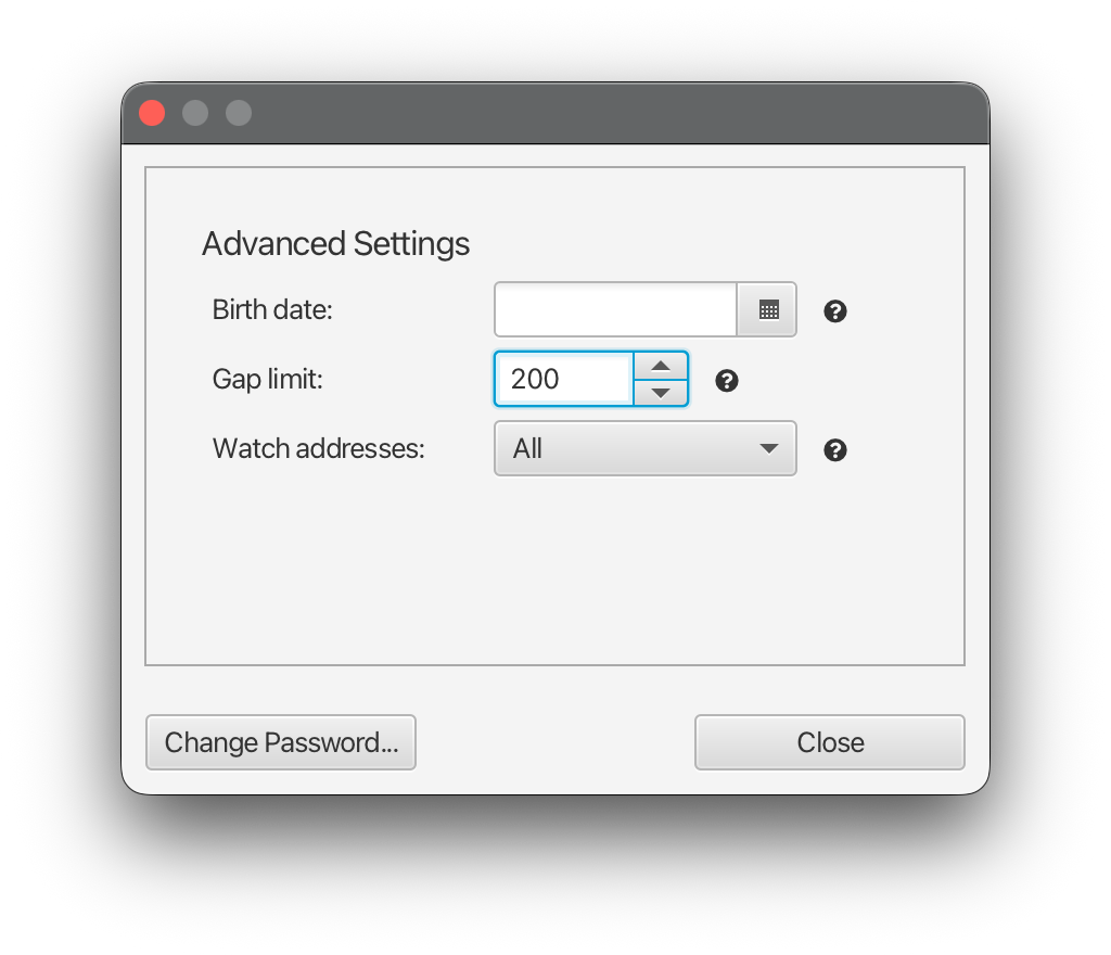 Sparrow Wallet settings showing the gap limit field being increased so older addresses are scanned.