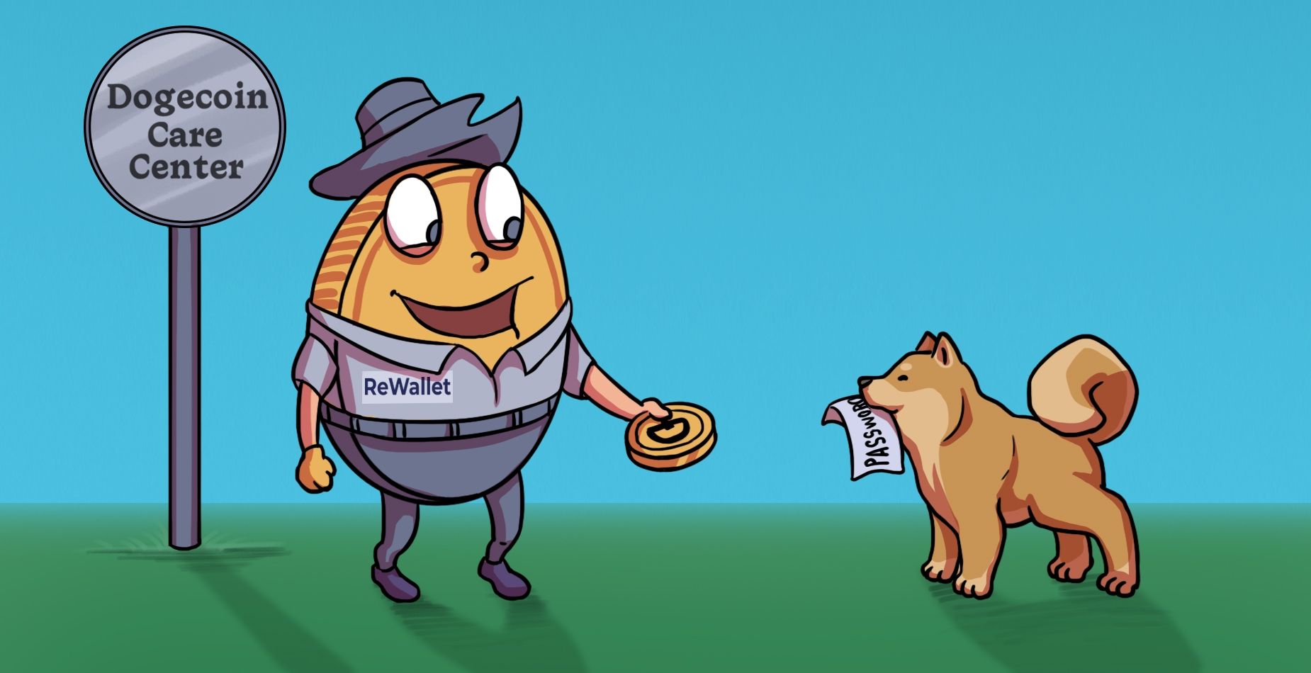 Shiba Inu mit Passwort-Notiz neben einem ReWallet-Maskottchen am Dogecoin Care Center.
