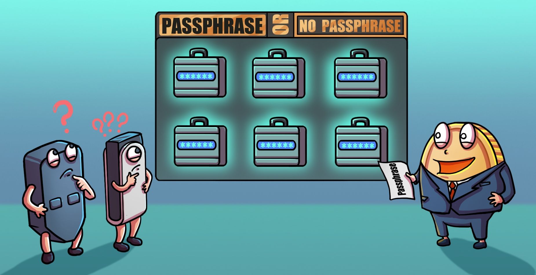 Mascottes Trezor et Ledger devant un tableau « Passphrase or No Passphrase » avec six mallettes verrouillées.
