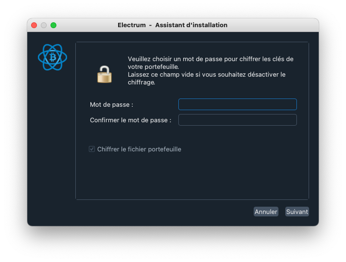 Assistant d’installation Electrum pour définir le mot de passe de chiffrement du portefeuille.