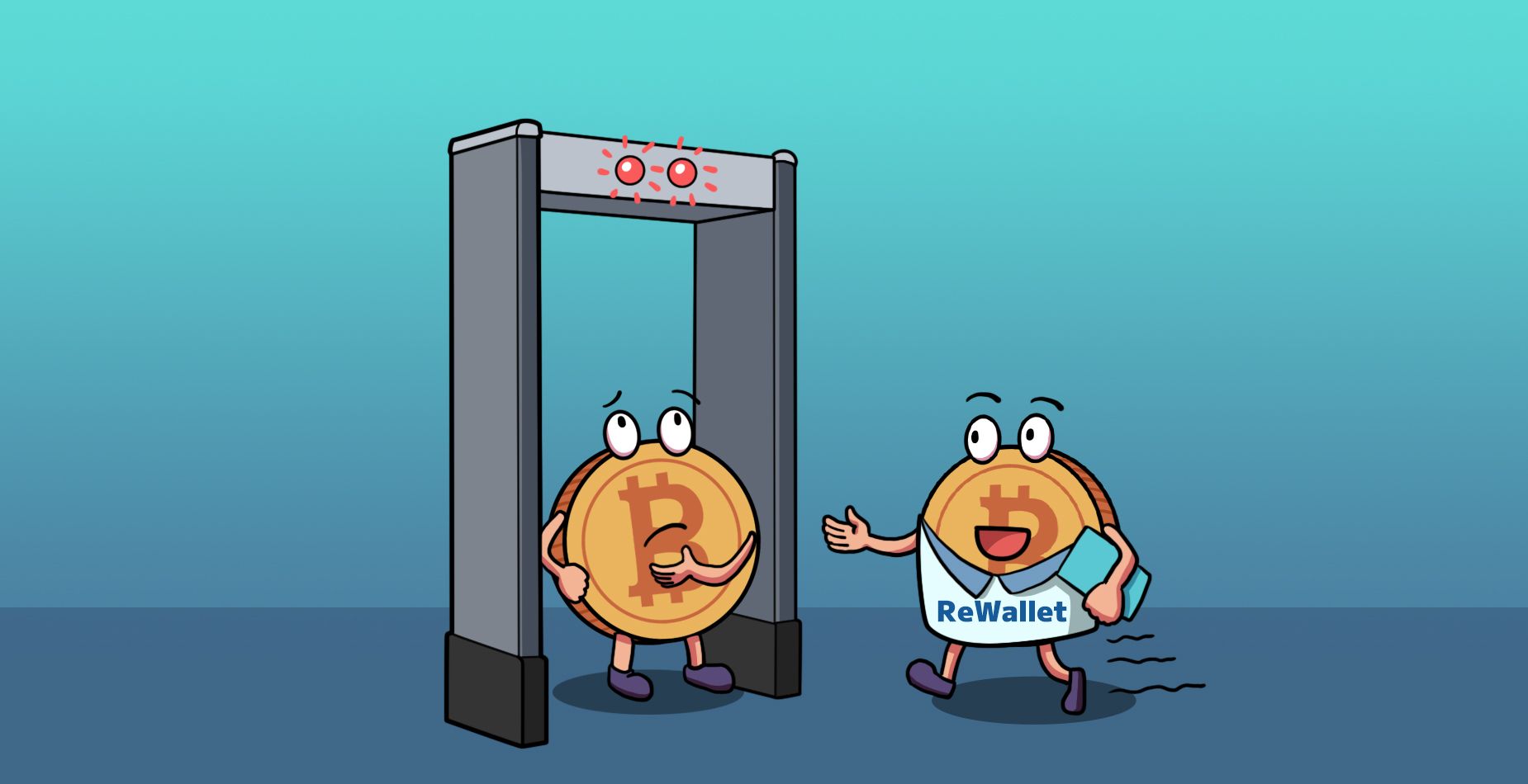 Mascotte Bitcoin dans un scanner de sécurité aux voyants rouges à côté d’une mascotte ReWallet tenant une carte bleue.