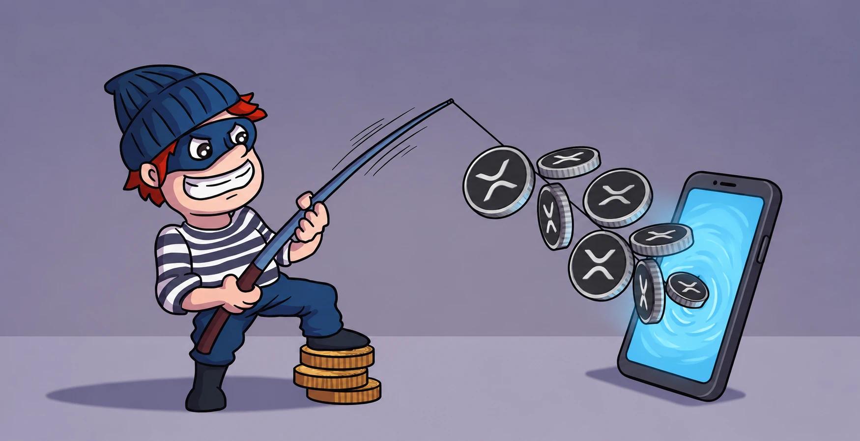 A thief pulling coins out of a phone with a fishing rod.