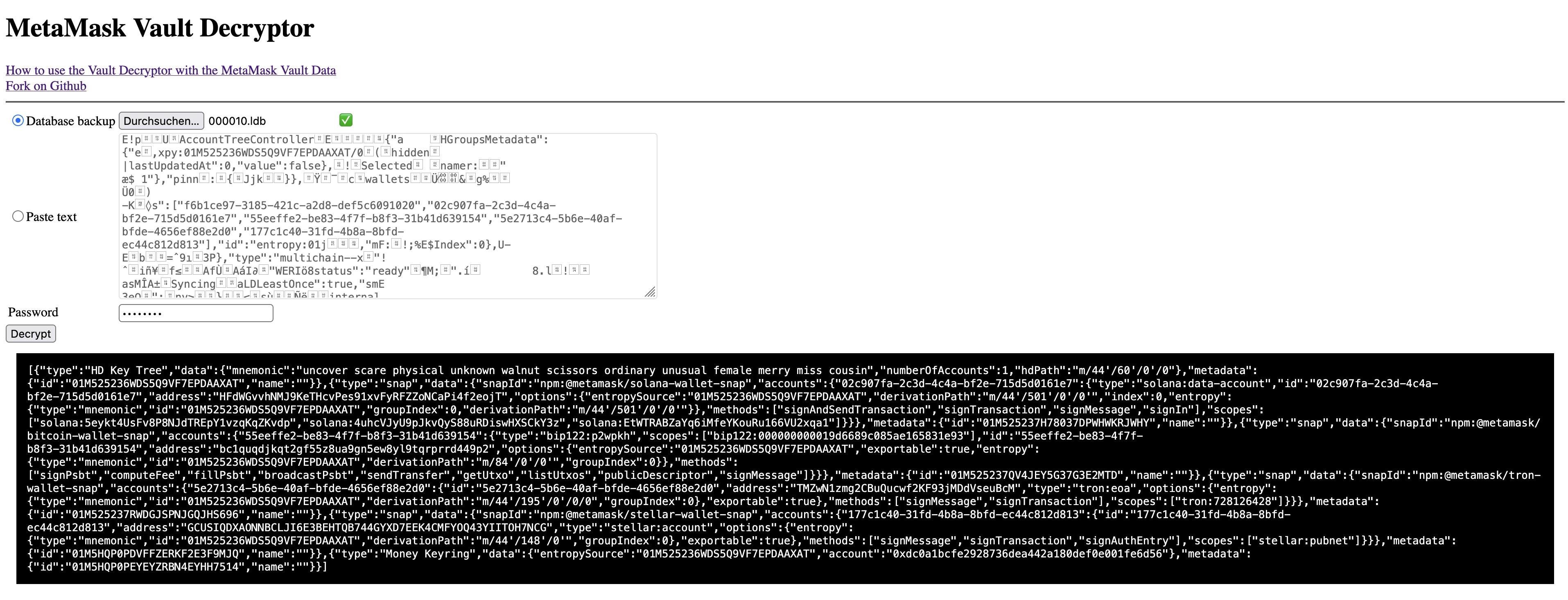 Metamask vault decryption tool with decrypted vault file.