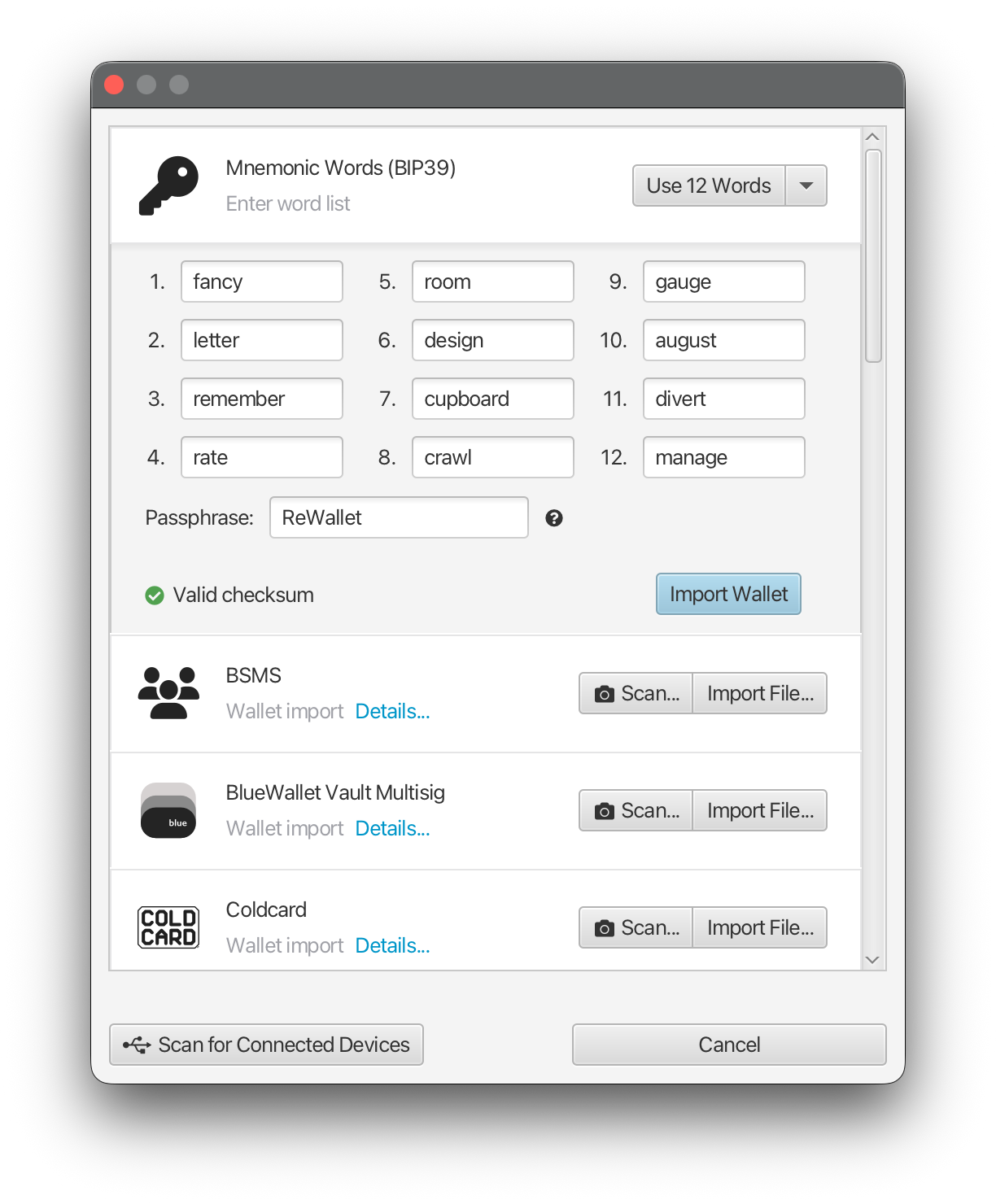 Sparrow Wallet showing the Enter screen where a 12 word BIP39 seed and optional passphrase are typed to restore a wallet.