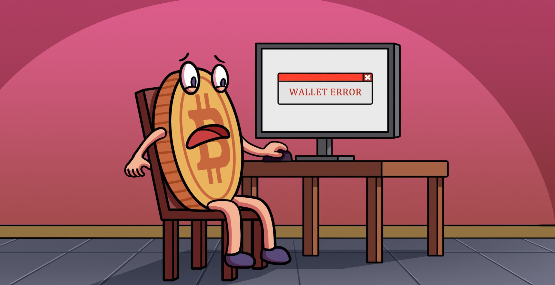 Worried Bitcoin mascot looking at a computer screen showing “Wallet Error”.