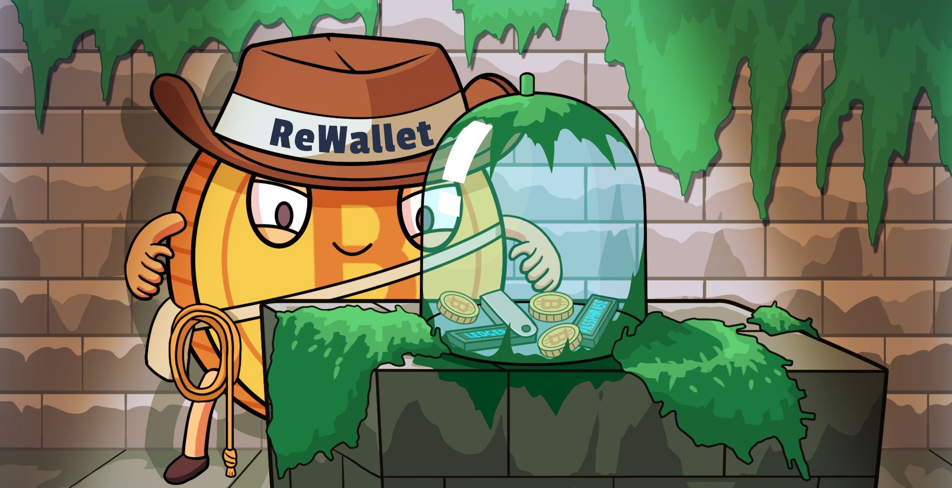 ReWallet explorer discovering a hidden Ledger passphrase wallet under a glass dome in an overgrown chamber.