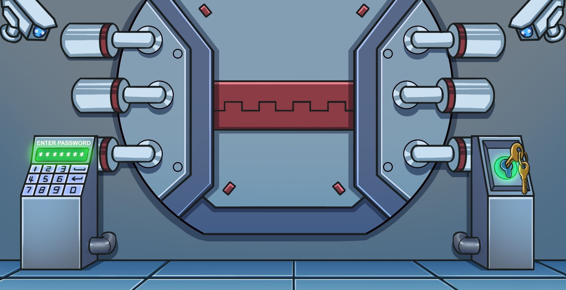 Vault door secured by an enter-password keypad, key panel and security cameras.