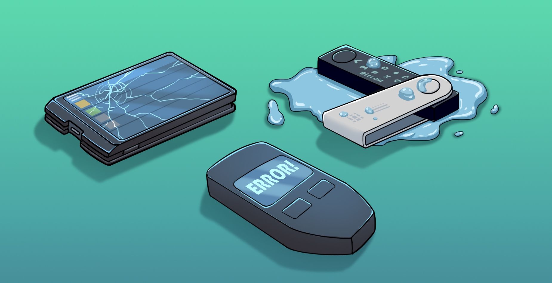 Drei beschädigte Hardware-Wallets: Ledger-Wallet mit gesprungenem Display, Trezor-Wallet mit Wasserschaden und SecuX-Wallet mit ERROR-Anzeige.