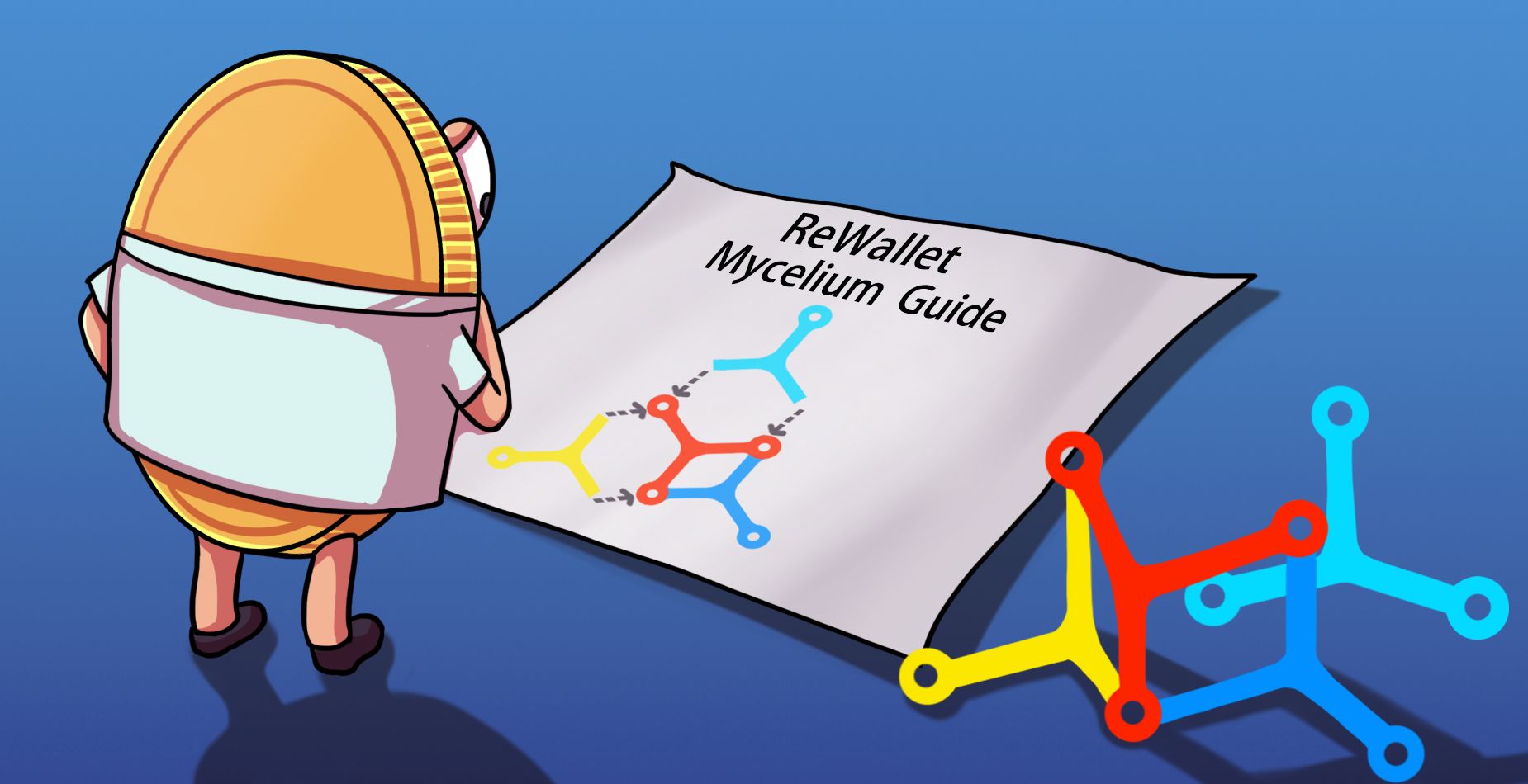 ReWallet coin mascot reading a Mycelium guide beside four colored wallet pieces.