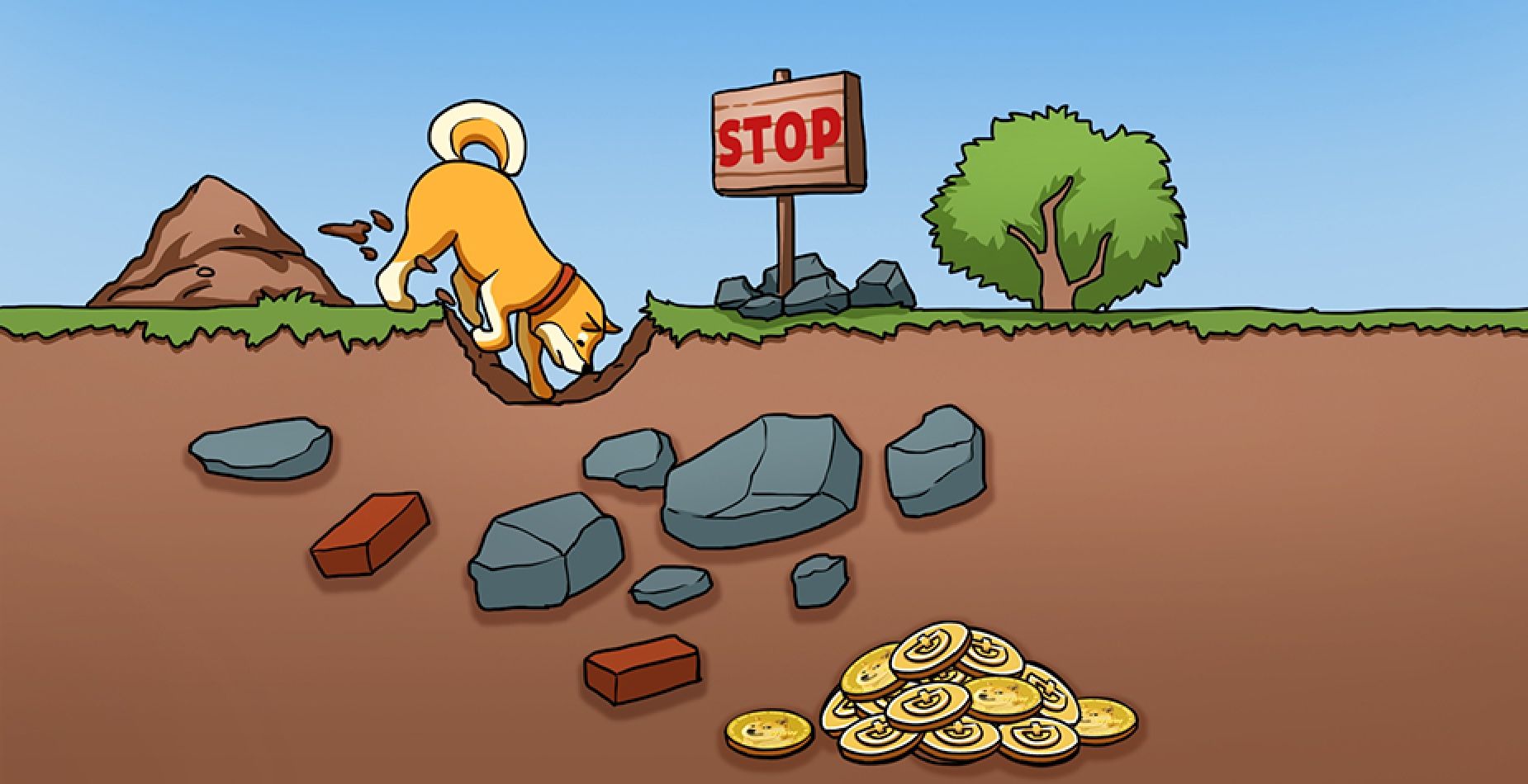Shiba Inu digging underground past a stop sign toward buried Dogecoin coins.