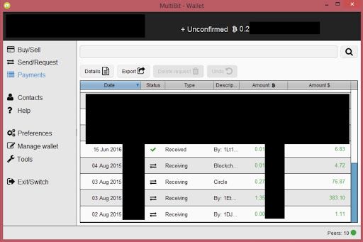 MultiBit HD wallet interface showing the payments history.