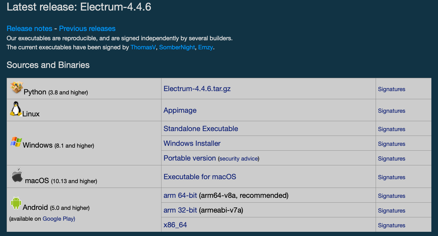 Page de téléchargement Electrum 4.4.6 listant les sources, binaires et signatures.
