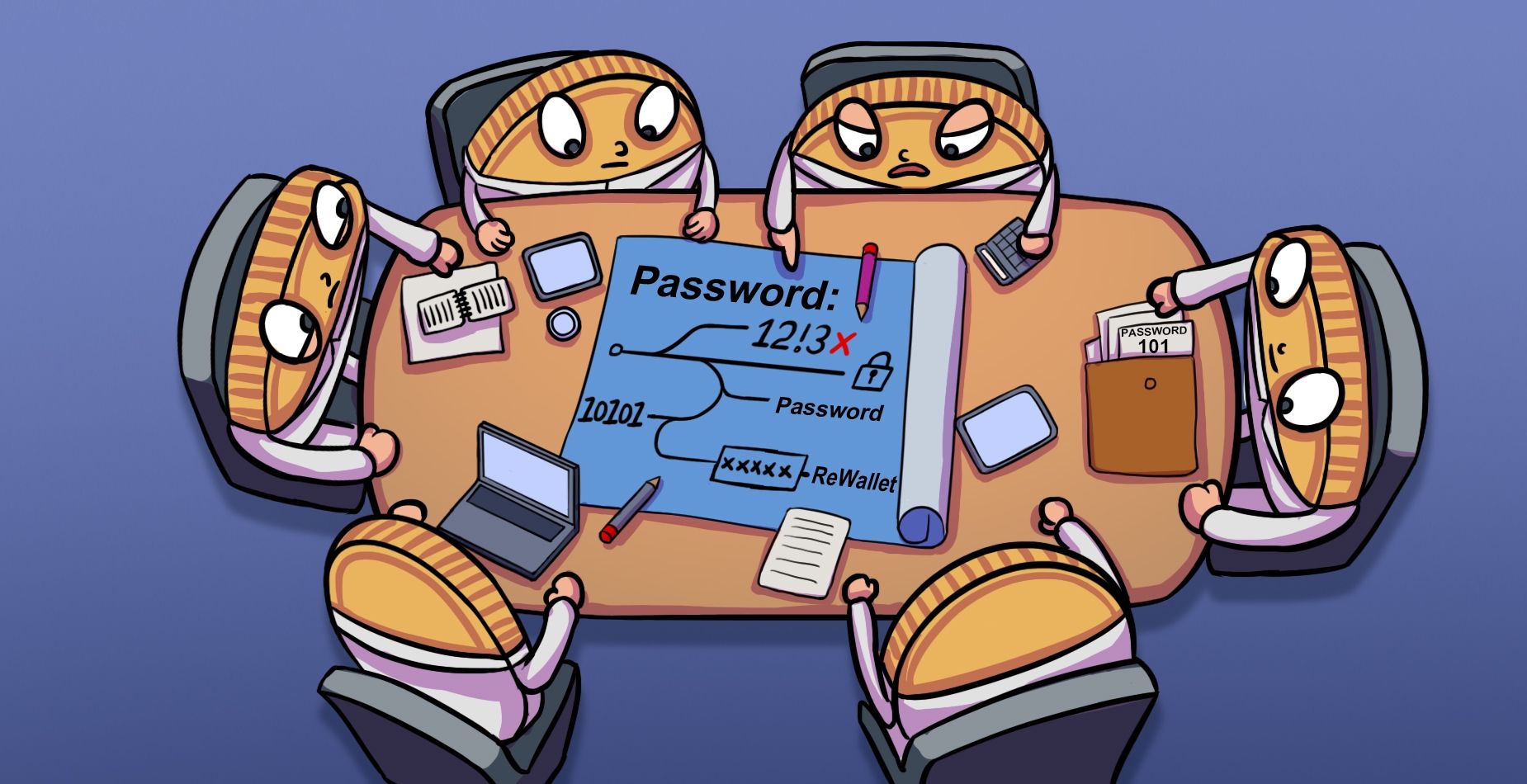 ReWallet-Coin-Maskottchen planen eine Passwortstrategie auf einer Blaupause am Tisch.