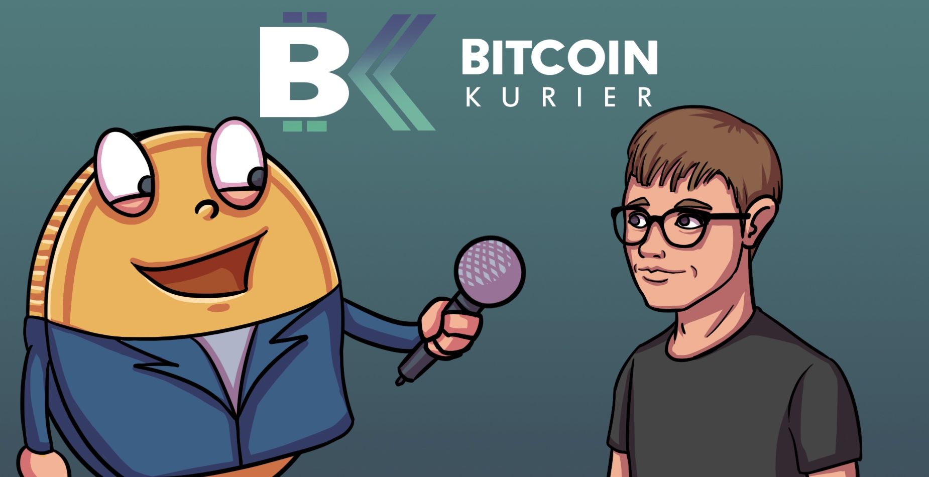 ReWallet-Coin-Maskottchen interviewt einen Mann mit Mikrofon vor dem Bitcoin-Kurier-Logo.