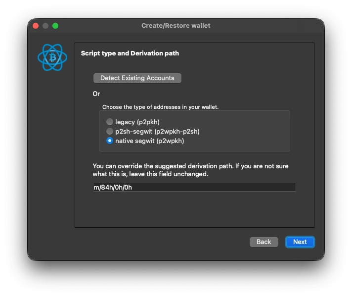 Electrum script type and derivation path screen with the Detect existing accounts option for a BIP39 seed