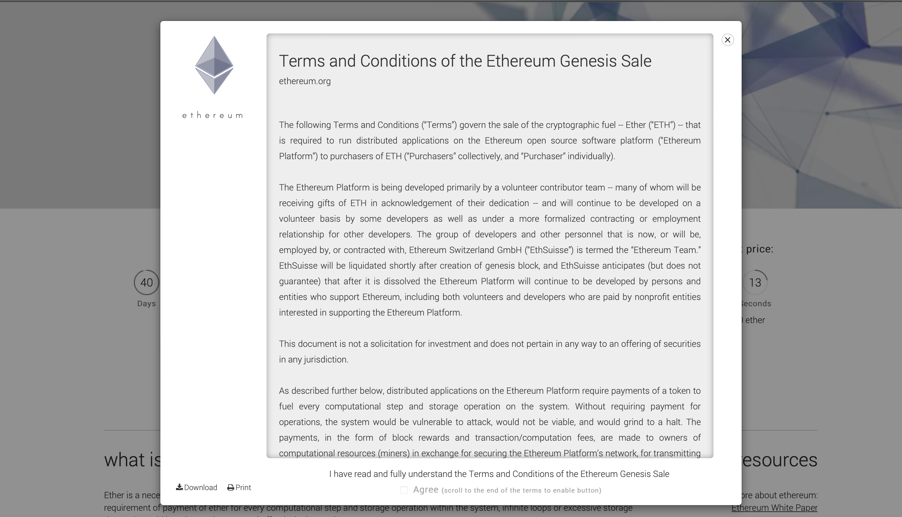 Ethereum Genesis Sale terms and conditions modal on the Ethereum presale website.