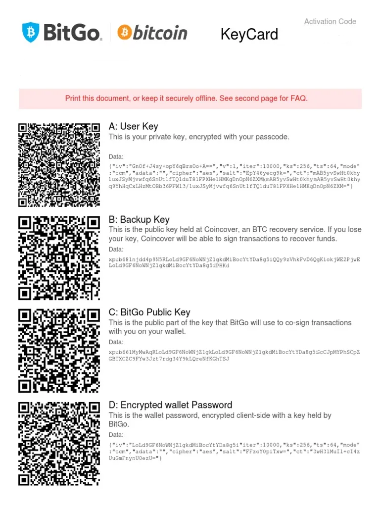 BitGo Keycard exmaple pdf displaying User-Key, Backup-Key, BitGo Public Key and Encrypted wallet Password.