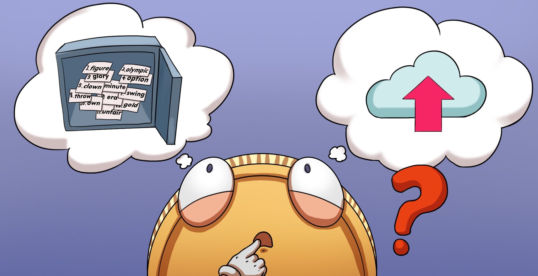Coin mascot deciding between storing a seed phrase in a safe or uploading it to the cloud.