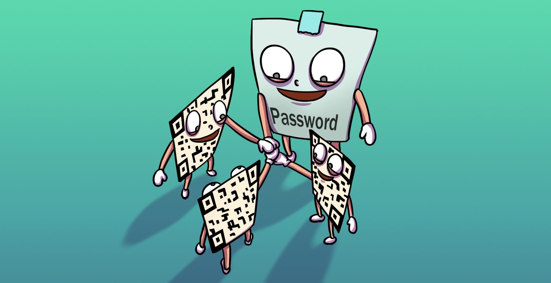 Lächelnde „Password“-Notiz hält die Hände von drei QR-Code-Keycard-Maskottchen.