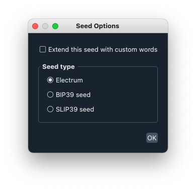 Electrum seed options dialog with Electrum, BIP39 and SLIP39 seed types.
