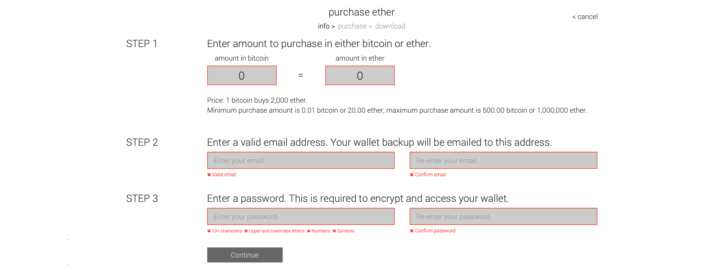 Formulaire Ethereum Presale pour montant, e-mail et mot de passe du wallet.