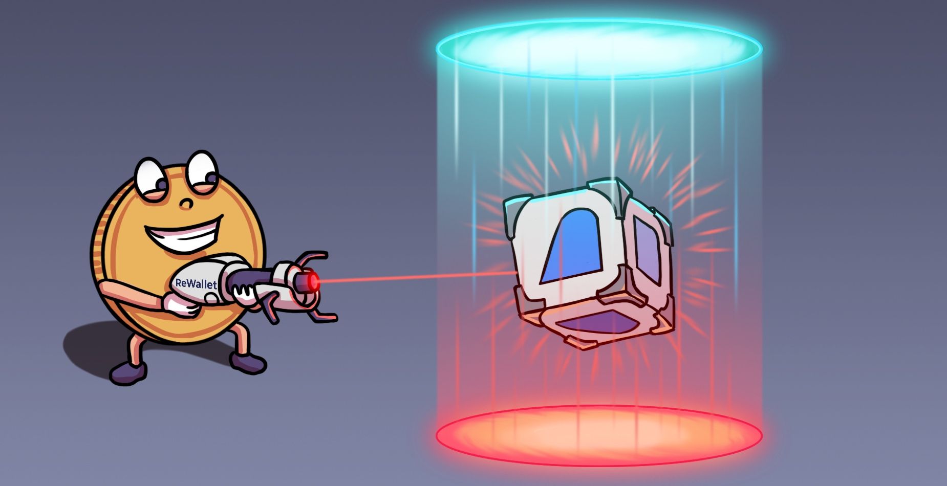 Mascotte pièce ReWallet visant avec un laser un cube wallet au logo Blockchain.com suggéré.
