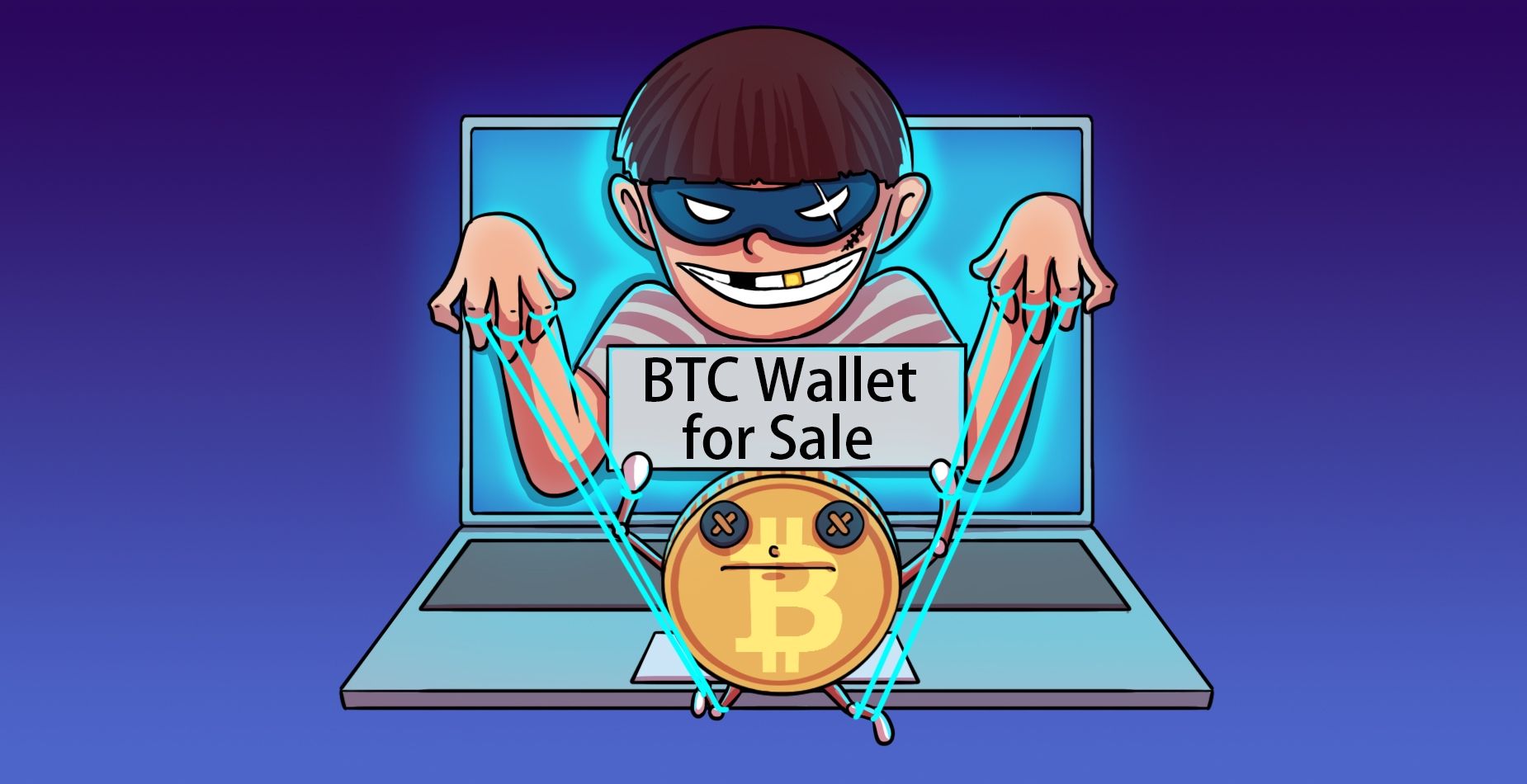 Maskierter Betrüger steuert eine Bitcoin-Münze als Marionette vor einem Laptop mit Schild „BTC Wallet for Sale“.